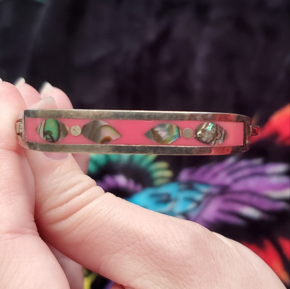 Pink Inlay Abalone Accent Bangle Bracelet